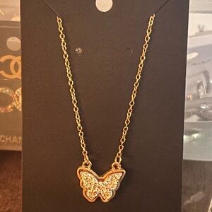 Gold Silver Druzy Butterfly Pendant Necklace